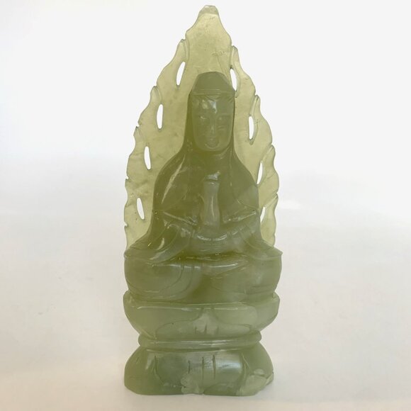 Chinese Nephrite Jade Seated Guanyin 6" Statue Hand Carved w/Pierced Leaf Halo - Picture 1 of 13